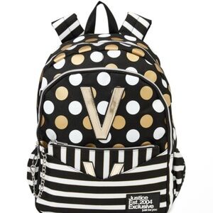 Justice Backpack Initial V Black White Gold Polka Dots Bookbag & Wristlet NEW